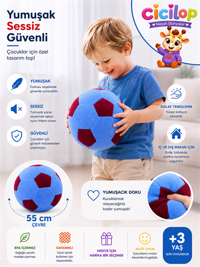 Sessiz Peluş Futbol Topu Bordo-Mavi