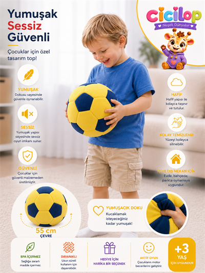 Sessiz Peluş Futbol Topu Sarı-Lacivert