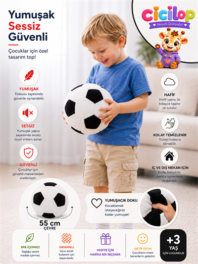Sessiz Peluş Futbol Topu Siyah-Beyaz