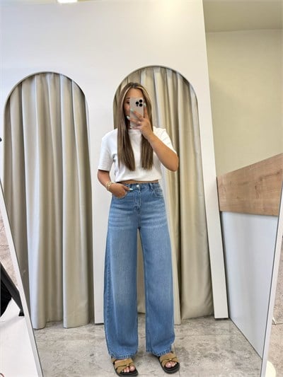 Adora Mavi Taşlamalı Beli Lastikli Tensel Jean
