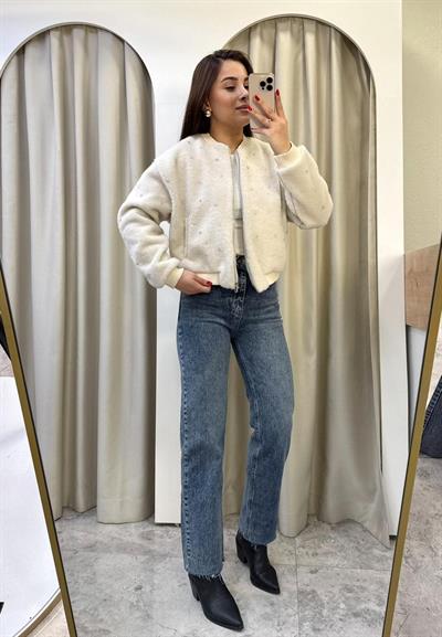 Amora Krem Taşlı Peluş Bomber