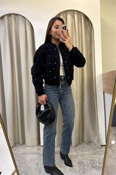 Amora Siyah Taşlı Peluş Bomber