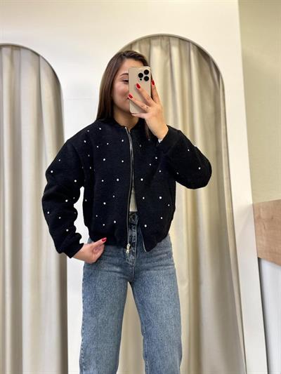 Amora Siyah Taşlı Peluş Bomber
