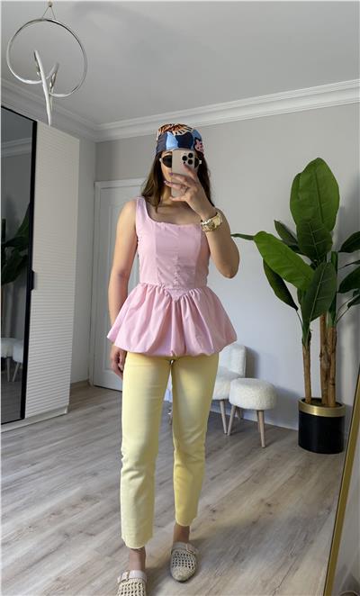 Askılı poplin balon bluz-PEMBE