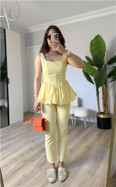 Askılı poplin balon bluz-SARI