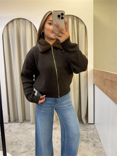 Auren Kahve Peluş Yaka Triko Hırka