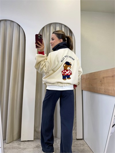 Bear Ekru Lacivert Ayıcık Baskılı Polar Sweatshirt