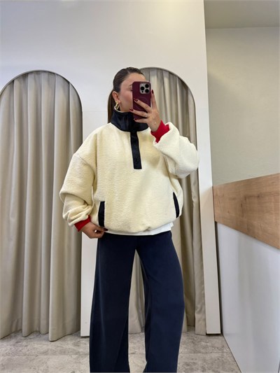 Bear Ekru Lacivert Ayıcık Baskılı Polar Sweatshirt