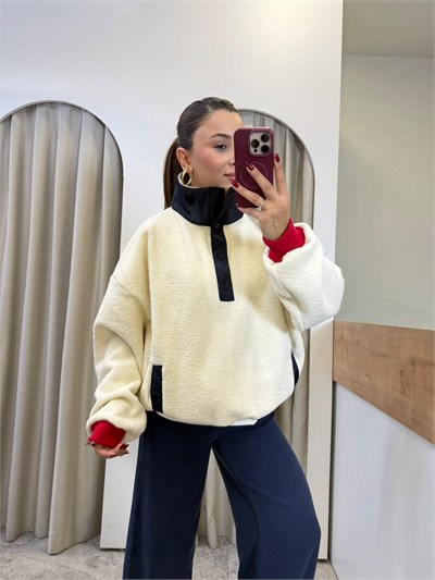 Bear Ekru Lacivert Ayıcık Baskılı Polar Sweatshirt