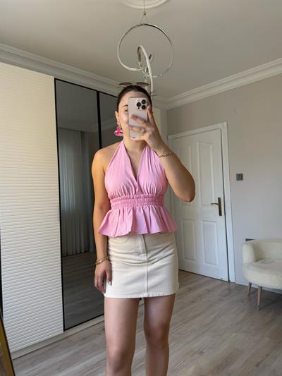 Boyundan Bağlamalı Lastikli Bluz-Pembe
