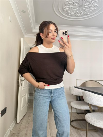 Bruna Atlet Kayık Yaka Bluz Takım Kahve