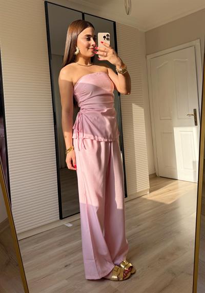 Büzgülü Straplez Takım-Pembe