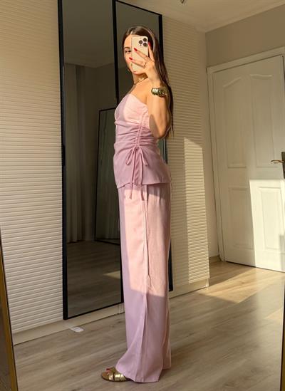 Büzgülü Straplez Takım-Pembe