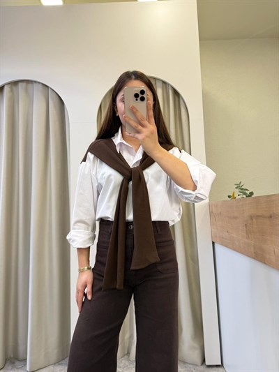 Carol Beyaz Kahve Şal Bağlamalı Gömlek