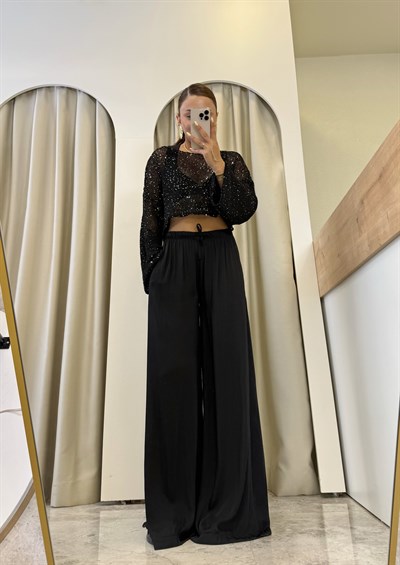 Catrin Siyah Beli Lastikli Tensel Palazzo