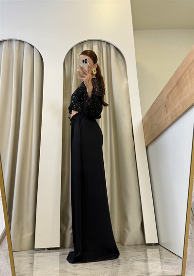 Catrin Siyah Beli Lastikli Tensel Palazzo