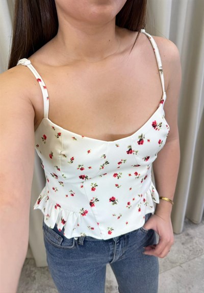 Çeri Kırmızı Çiçek Baskılı Crop