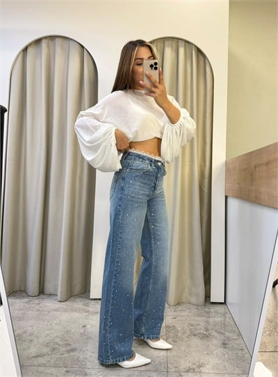 Dakota Beli Dantel Detay Boru Paça Taşlı Jean