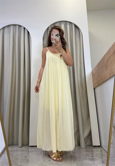 Dole Sarı İp Askılı Astarlı Maxi Boy Elbise