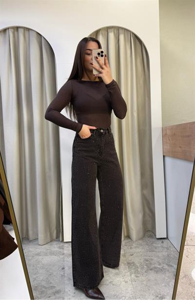 Glow Kahve Taşlı Wide Leg Jean