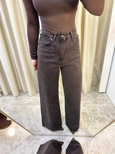 Glow Kahve Taşlı Wide Leg Jean