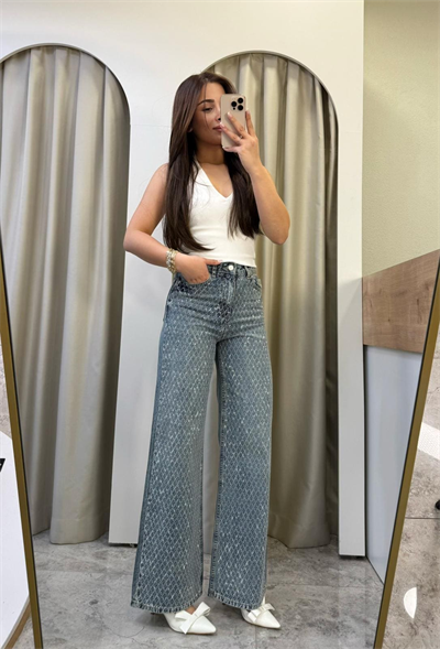 Glowin Taşlı Wide Leg Jean