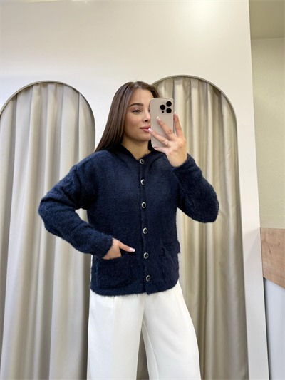 Godes Lacivert Kapüşonlu Peluş Hırka