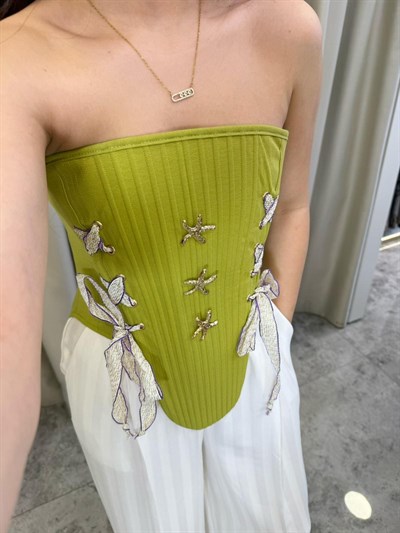 Green Yeşil Balenli Charm Detaylı Korse
