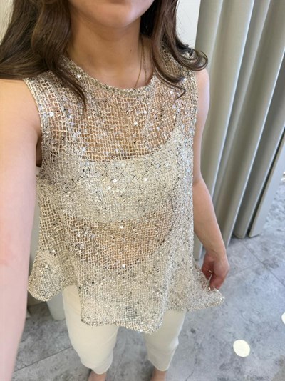 Hailey Ekru Pul Detaylı File Bluz