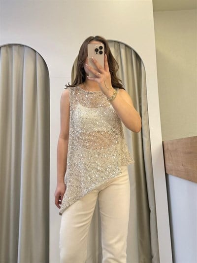 Hailey Ekru Pul Detaylı File Bluz