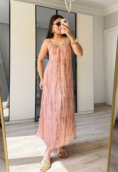 Halka Kolye Detaylı Marka Model Elbise-Pembe