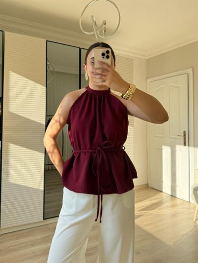Halter Yaka Bağlamalı Bluz-Bordo