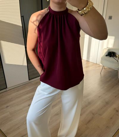 Halter Yaka Bağlamalı Bluz-Bordo