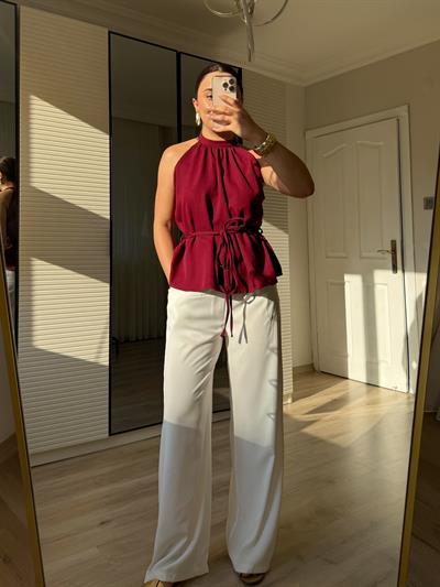 Halter Yaka Bağlamalı Bluz-Bordo