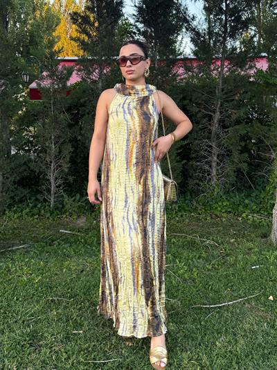 Halter Yaka Kıraşlı Elbise- Sarı