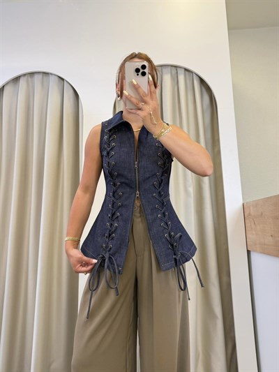 Helen Kuşgözü Detaylı Fermuarlı Denim Yelek
