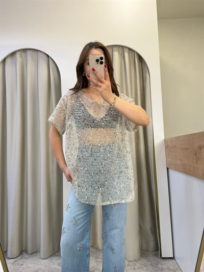 Icon ZR Bej Pul Detaylı Bluz