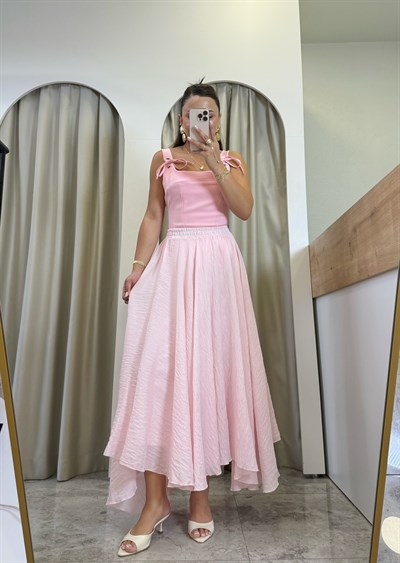 İvory Pembe Astarlı Dilimli Tül Etek