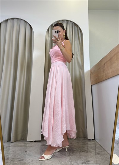 İvory Pembe Astarlı Dilimli Tül Etek