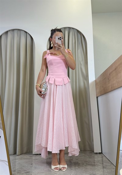 İvory Pembe Astarlı Dilimli Tül Etek