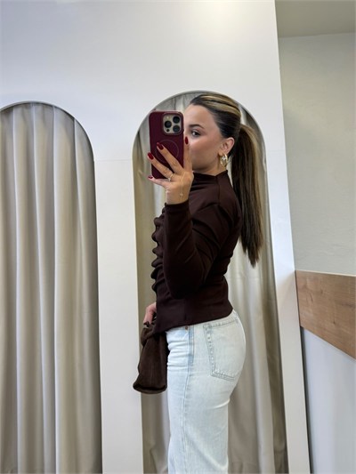 Jura Kahve Vatkalı Önü Drape Düğmeli Bluz