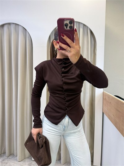 Jura Kahve Vatkalı Önü Drape Düğmeli Bluz