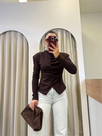 Jura Kahve Vatkalı Önü Drape Düğmeli Bluz
