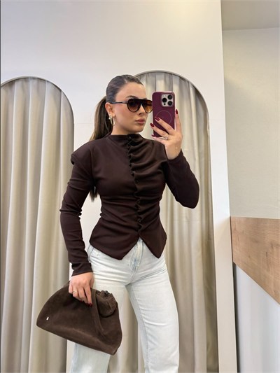 Jura Kahve Vatkalı Önü Drape Düğmeli Bluz