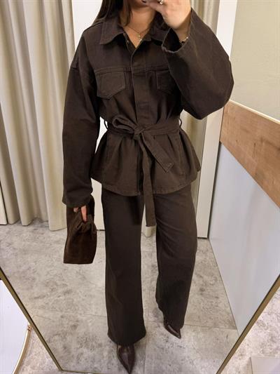 Kahve Denim Kuşaklı Takım