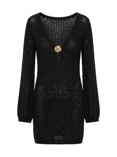 Kanye Siyah Gold Tokalı Mini Beachwear Elbise