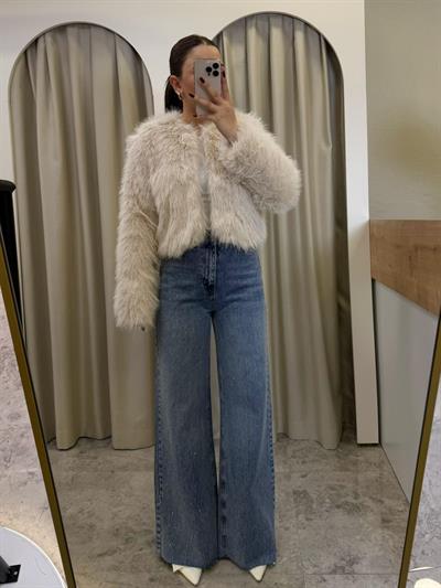 Kesik Paça Wide Leg Taşlı Jean