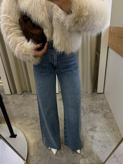 Kesik Paça Wide Leg Taşlı Jean