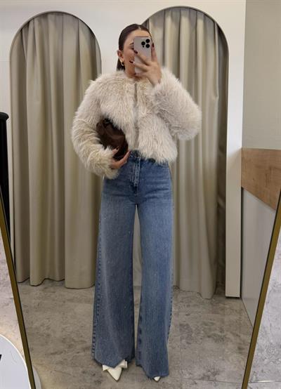 Kesik Paça Wide Leg Taşlı Jean