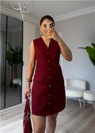 keten gold düğmeli elbise-BORDO